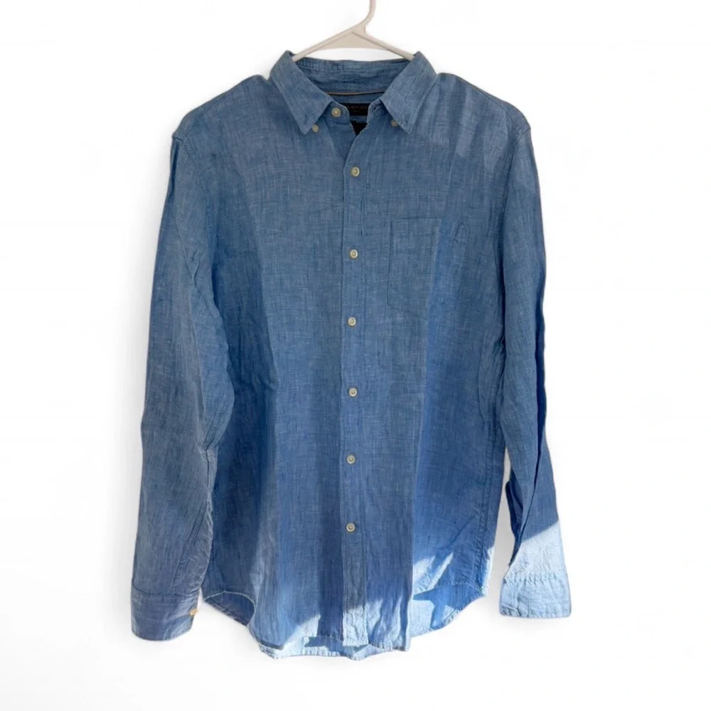 Banana Republic Mens 100% Linen Top Small Blue Button Up Camden Beach Nautical